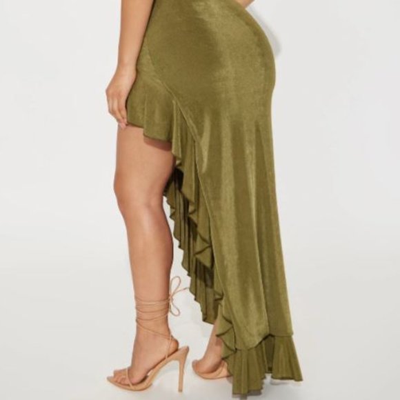 Elegant Olive Green Asymmetrical Dress - Picture 3 of 5